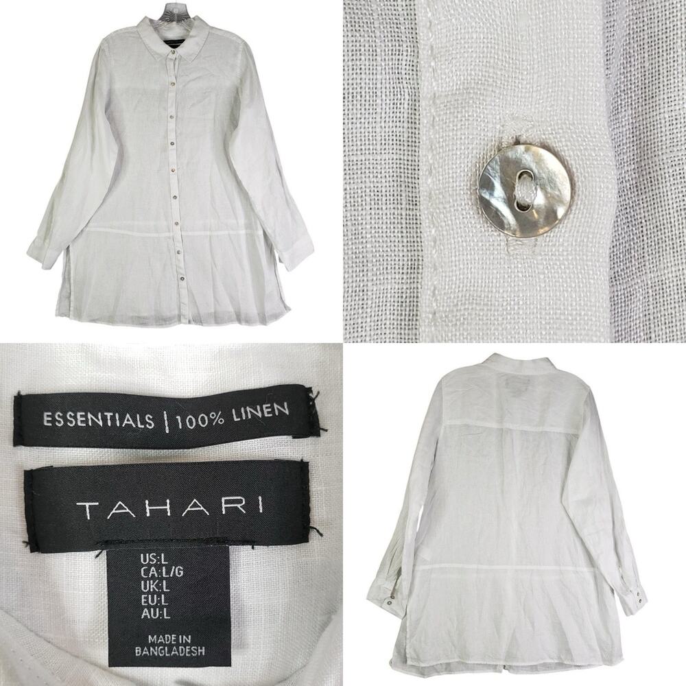 Tahari Shirt Top Womens Size Large White Linen Button Up Lagenlook Resort Beachy